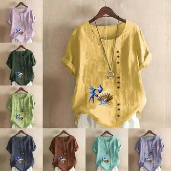 Женская модная футболка с круглым вырезом и коротким рукавом, повседневная рубашка из хлопка и льна с рисунком, свободная летняя блузка с принтом в виде морской звезды, топы S розовый