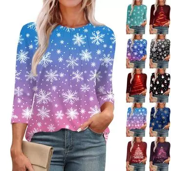 Женская модная футболка с круглым вырезом и рукавом 3/4 с рождественскими принтами, повседневная базовая плиссированная футболка-пуловер S фиолетовый