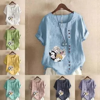 Женская модная футболка с круглым вырезом и коротким рукавом, повседневная хлопковая льняная рубашка с рисунком, свободная летняя блузка с рисунком для отдыха, топы с мультяшным принтом S розовый