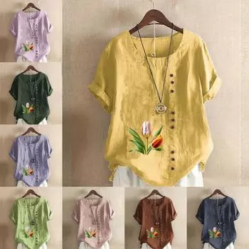 Женская модная футболка с круглым вырезом и коротким рукавом, повседневная рубашка из хлопка и льна с рисунком, свободная блузка с принтом тюльпанов, топы S розовый