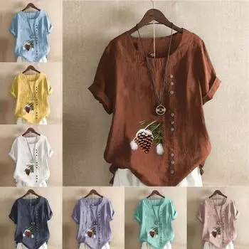 Женская модная футболка с круглым вырезом и коротким рукавом, повседневная рубашка из хлопка и льна с рисунком, свободная летняя блузка с принтом в виде шишки S розовый