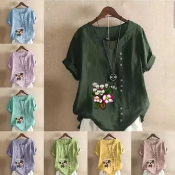 Женская модная футболка с круглым вырезом и коротким рукавом, повседневная хлопковая льняная рубашка с графическим принтом, летняя блузка с цветочным принтом, топы S розовый