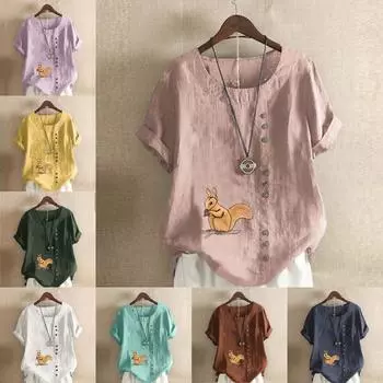 Женская модная футболка с круглым вырезом и коротким рукавом с принтом белки, повседневная рубашка из хлопка и льна с рисунком, свободная летняя блузка для отдыха, топы S розовый