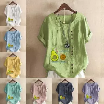 Женская модная футболка с круглым вырезом и коротким рукавом, повседневная хлопково-льняная рубашка с рисунком, летняя блузка с принтом авокадо, топы, большие размеры S розовый