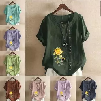 Женская модная футболка с круглым вырезом и коротким рукавом, повседневная хлопковая льняная рубашка с рисунком, свободная летняя блузка с цветочным принтом для отдыха, топы S розовый