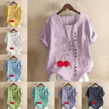 Женская модная футболка с круглым вырезом и коротким рукавом с принтом вишни, повседневная рубашка из хлопка и льна с рисунком, свободная летняя блузка для отдыха, топы S розовый