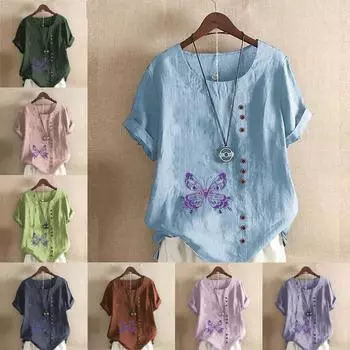 Женская модная футболка с круглым вырезом и коротким рукавом с принтом бабочки, повседневная хлопково-льняная рубашка с рисунком, свободная летняя блузка для отдыха, топы S розовый