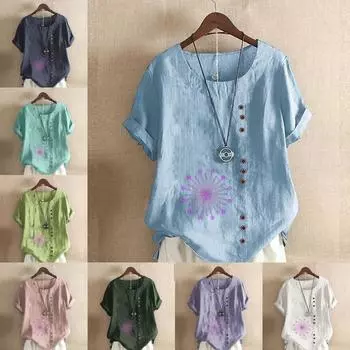 Женская модная футболка с круглым вырезом и коротким рукавом, повседневная рубашка из хлопка и льна с рисунком, свободная летняя блузка с принтом и молнией, топы S розовый