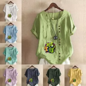 Женская модная футболка с круглым вырезом и коротким рукавом с принтом в виде граффити, повседневная рубашка из хлопка и льна с графическим принтом, свободная летняя блузка для отдыха, топы S розовый