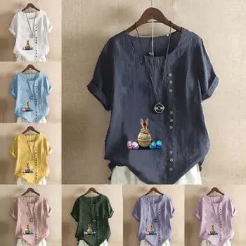 Женская модная футболка с круглым вырезом и коротким рукавом с принтом кролика, повседневная хлопково-льняная рубашка с рисунком, свободная летняя блузка для отдыха, топы S розовый