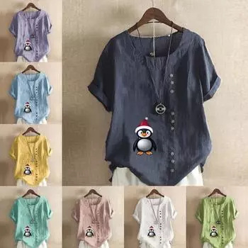 Женская модная футболка с круглым вырезом и коротким рукавом, повседневная рубашка из хлопка и льна с рисунком, свободная летняя блузка с принтом пингвина, топы S розовый
