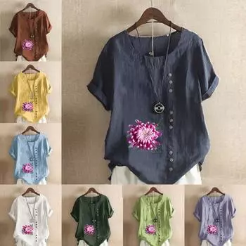 Женская модная футболка с круглым вырезом и коротким рукавом, повседневная хлопковая льняная графическая рубашка с цветочным принтом, летняя блузка, топы S розовый