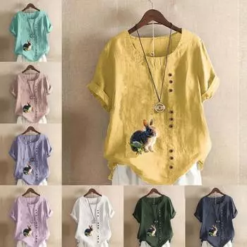 Женская модная футболка с круглым вырезом и коротким рукавом, повседневная рубашка из хлопка и льна с рисунком, свободная летняя блузка с принтом кролика, топы S розовый