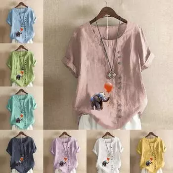 Женская модная футболка с круглым вырезом и коротким рукавом, повседневная хлопковая льняная рубашка с принтом слона, летняя блузка, топы больших размеров S розовый