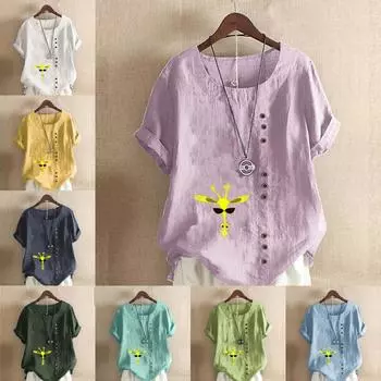 Женская модная футболка с круглым вырезом и коротким рукавом, повседневная рубашка из хлопка и льна с рисунком, свободная летняя блузка с принтом жирафа, топы S розовый