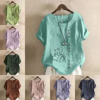 Женская модная футболка с круглым вырезом и коротким рукавом, повседневная рубашка из хлопка и льна с рисунком, свободная летняя блузка с принтом слона, топы S розовый