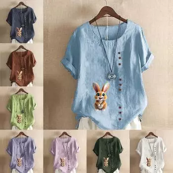 Женская модная футболка с круглым вырезом и коротким рукавом, повседневная хлопковая льняная рубашка с рисунком в виде кролика, летняя блузка, топы больших размеров S розовый