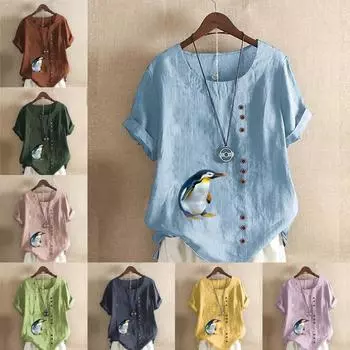Женская модная футболка с круглым вырезом и коротким рукавом, повседневная рубашка из хлопка и льна с рисунком, свободная летняя блузка с принтом пингвина, топы S розовый