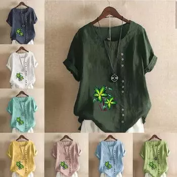 Женская модная футболка с круглым вырезом и коротким рукавом, повседневная хлопковая льняная рубашка с графическим принтом, летняя блузка с цветочным принтом, топы S розовый