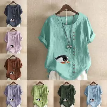 Женская модная футболка с круглым вырезом и коротким рукавом с принтом пингвина, повседневная рубашка из хлопка и льна с рисунком, свободная летняя блузка для отдыха, топы S розовый