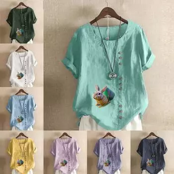 Женская модная футболка с круглым вырезом и коротким рукавом с принтом кролика, повседневная хлопково-льняная рубашка с рисунком, свободная летняя блузка для отдыха, топы S розовый