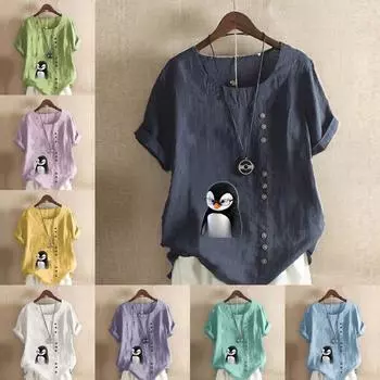 Женская модная футболка с круглым вырезом и коротким рукавом с принтом пингвина, повседневная рубашка из хлопка и льна с рисунком, свободная летняя блузка для отдыха, топы S белый