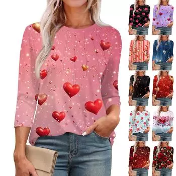 Женская модная футболка с круглым вырезом и рукавом 3/4 с принтом, повседневная, базовая, плиссированная, пуловер XXL