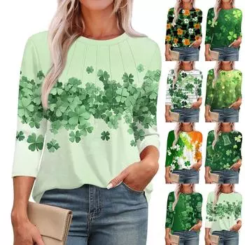 Женская модная футболка с круглым вырезом и рукавом 3/4 с принтом, повседневная, базовая, плиссированная, пуловер XXL