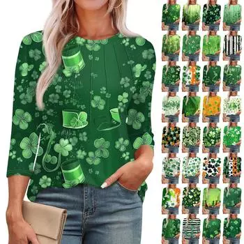 Женская модная футболка с круглым вырезом и рукавом 3/4 с принтом, повседневная, базовая, плиссированная, пуловер XL чёрный