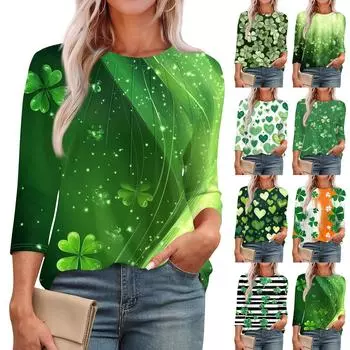 Женская модная футболка с круглым вырезом и рукавом 3/4 с принтом, повседневная, базовая, плиссированная, пуловер XXL