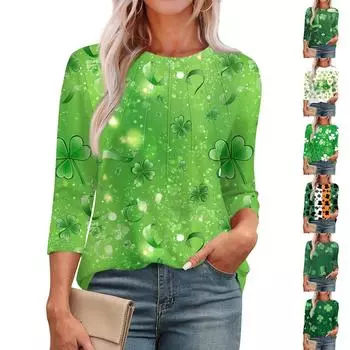 Женская модная футболка с круглым вырезом и рукавом 3/4 с принтом, повседневная, базовая, плиссированная, пуловер L