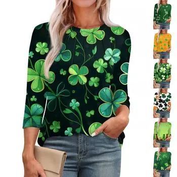 Женская модная футболка с круглым вырезом и рукавом 3/4 с принтом, повседневная, базовая, плиссированная, пуловер XXL чёрный