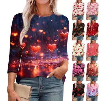 Женская модная футболка с круглым вырезом и рукавом 3/4 с принтом, повседневная, базовая, плиссированная, пуловер M