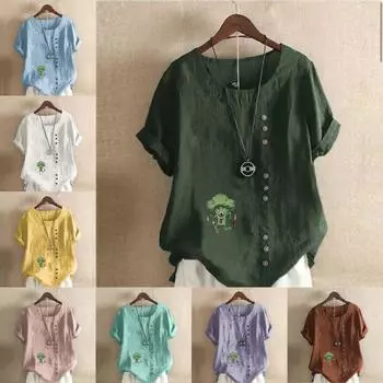 Женская модная футболка с круглым вырезом и коротким рукавом, повседневная хлопковая льняная рубашка с рисунком, зеленая летняя блузка с принтом цветной капусты, топы больших размеров S розовый