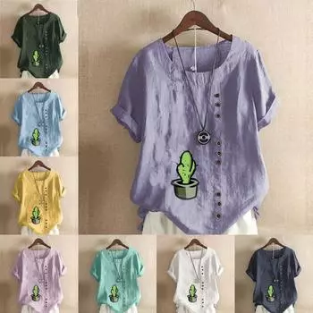 Женская модная футболка с круглым вырезом и коротким рукавом, повседневная рубашка из хлопка и льна с рисунком, свободная летняя блузка с принтом кактуса, топы S розовый