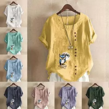 Женская модная футболка с круглым вырезом и коротким рукавом, повседневная рубашка из хлопка и льна с принтом, свободная летняя блузка с принтом совы, топы S розовый