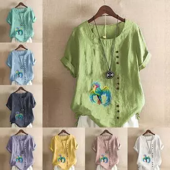 Женская модная футболка с круглым вырезом и коротким рукавом, повседневная хлопковая льняная рубашка с рисунком, свободная летняя блузка с принтом «Синяя птица», топы S розовый
