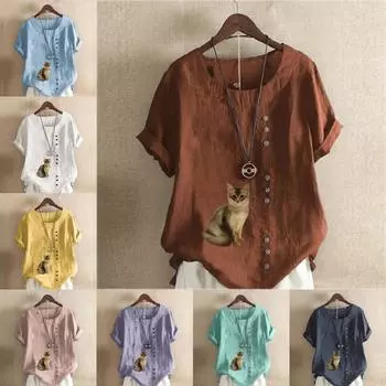 Женская модная футболка с круглым вырезом и короткими рукавами с принтом кота, повседневная хлопково-льняная рубашка с рисунком, свободная летняя блузка для отдыха, топы S розовый