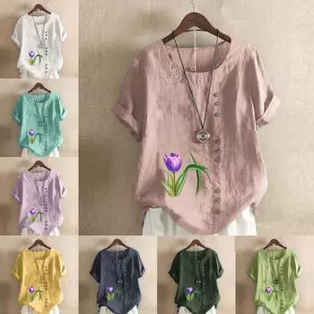Женская модная футболка с круглым вырезом и коротким рукавом, повседневная рубашка из хлопка и льна с рисунком, свободная летняя блузка с принтом тюльпанов, топы S розовый