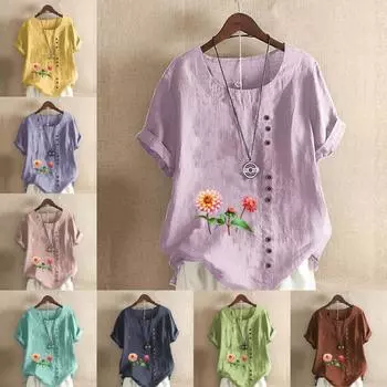 Женская модная футболка с круглым вырезом и коротким рукавом, повседневная хлопковая льняная рубашка с графическим принтом, свободная летняя блузка с цветочным принтом, топы S розовый