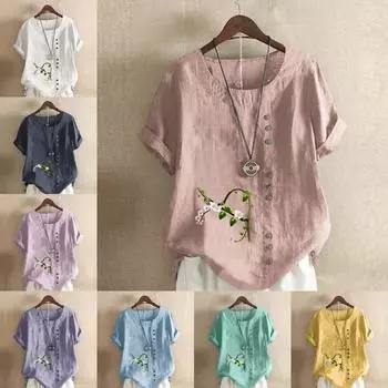 Женская модная футболка с круглым вырезом и коротким рукавом, повседневная рубашка из хлопка и льна с рисунком, свободная летняя блузка с цветочным принтом, топы S розовый