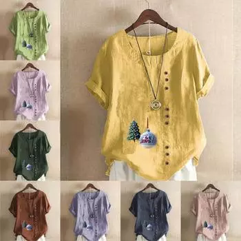 Женская модная футболка с круглым вырезом и принтом рождественской елки с коротким рукавом, повседневная рубашка из хлопка и льна с графическим принтом, свободная летняя блузка для отдыха, топы S розовый