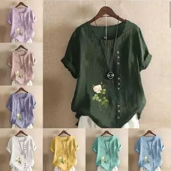 Женская модная футболка с круглым вырезом и коротким рукавом с принтом роз, повседневная рубашка из хлопка и льна с рисунком, свободная летняя блузка для отдыха, топы S розовый