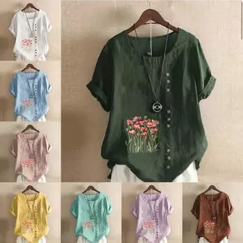 Женская модная футболка с круглым вырезом и коротким рукавом, повседневная рубашка из хлопка и льна с рисунком, свободная летняя блузка с цветущими красными цветами, топы S розовый