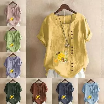 Женская модная футболка с круглым вырезом и коротким рукавом, повседневная рубашка из хлопка и льна с рисунком, свободная летняя блузка с медовым принтом и сборками S розовый