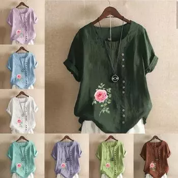 Женская модная футболка с круглым вырезом и коротким рукавом с принтом роз, повседневная рубашка из хлопка и льна с рисунком, свободная летняя блузка для отдыха, топы S розовый