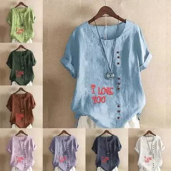 Женская модная футболка с круглым вырезом и коротким рукавом, повседневная рубашка из хлопка и льна с принтом, свободная, для отдыха, с надписью «I Love You!» Летние блузки с принтом S розовый