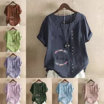 Женская модная футболка с круглым вырезом и коротким рукавом, повседневная хлопковая льняная рубашка с графическим принтом, свободная летняя блузка с принтом в виде венка из букв, топы S розовый