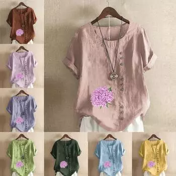 Женская модная футболка с круглым вырезом и коротким рукавом с цветочным принтом, повседневная рубашка из хлопка и льна с графическим принтом, свободная летняя блузка, топы больших размеров S розовый