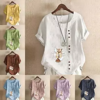 Женская модная футболка с круглым вырезом и короткими рукавами с принтом героев мультфильмов, повседневная хлопково-льняная рубашка с рисунком, свободная летняя блузка для отдыха, топы S розовый